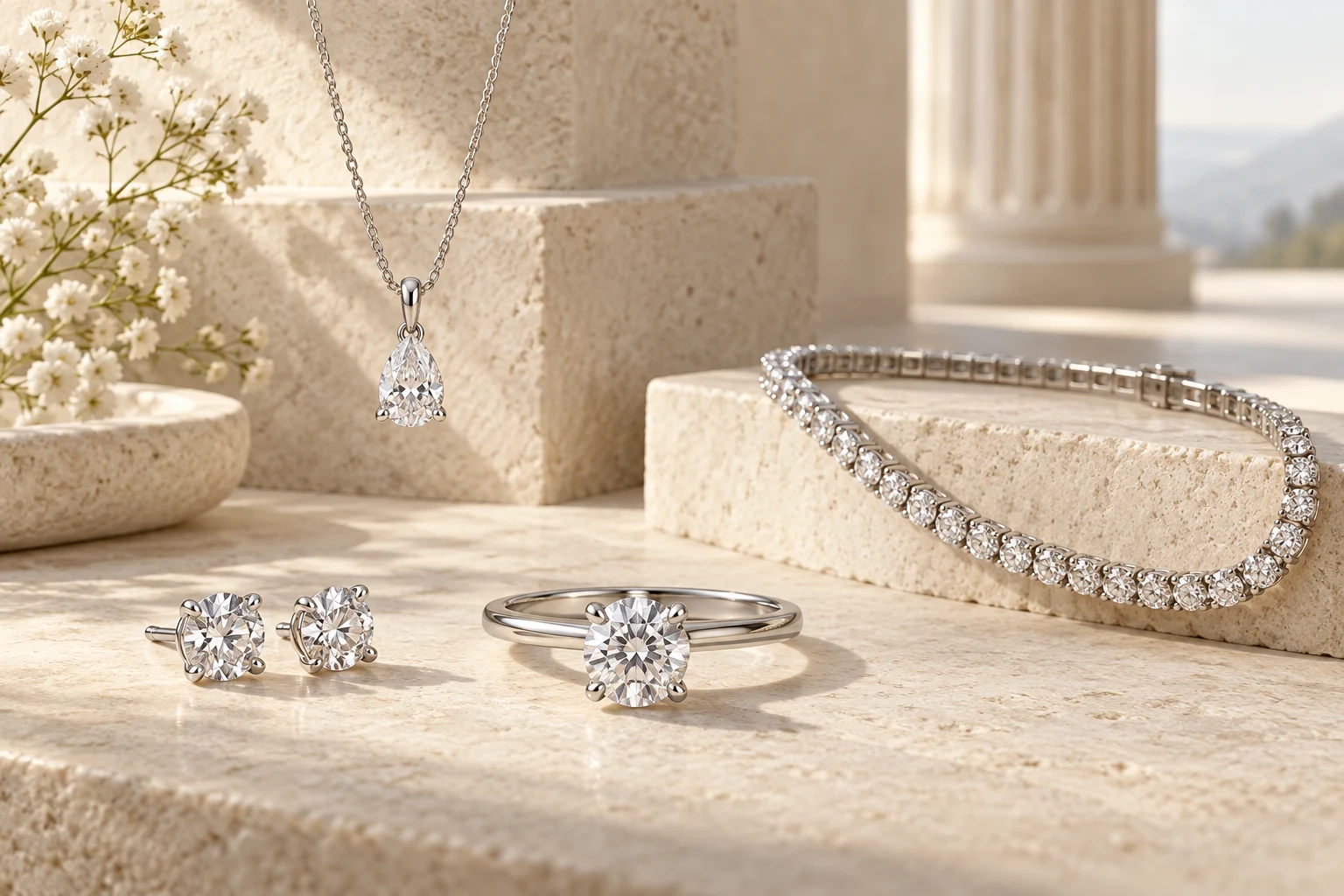 Close-up of diamond jewelry catching the light