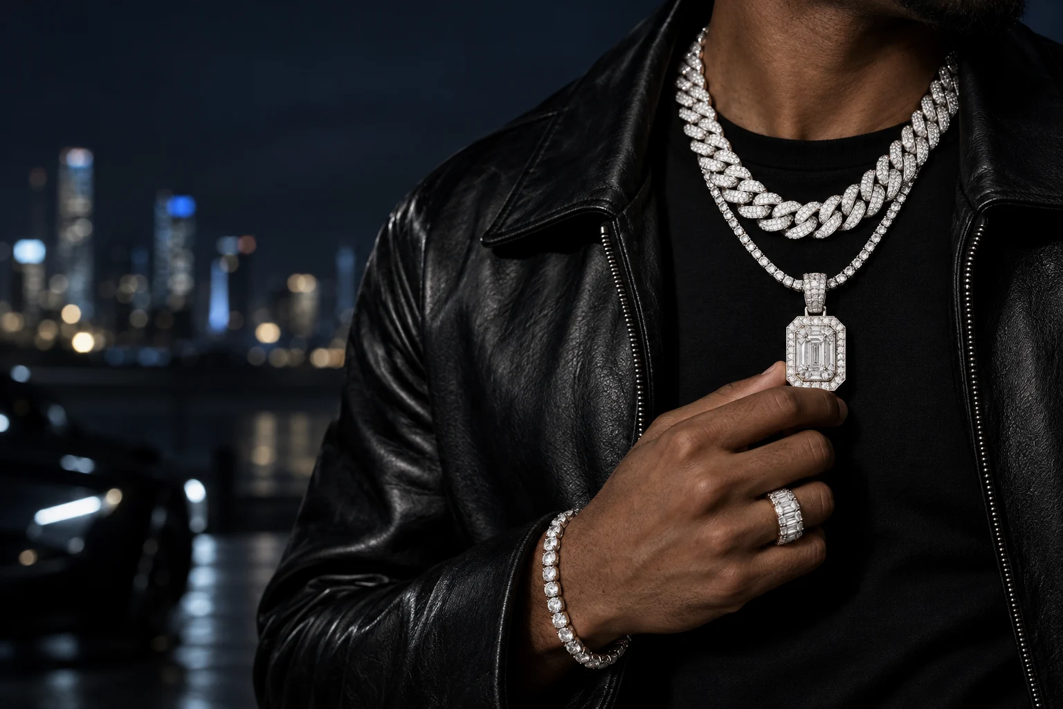 Statement diamond pendant and chains with a black leather jacket