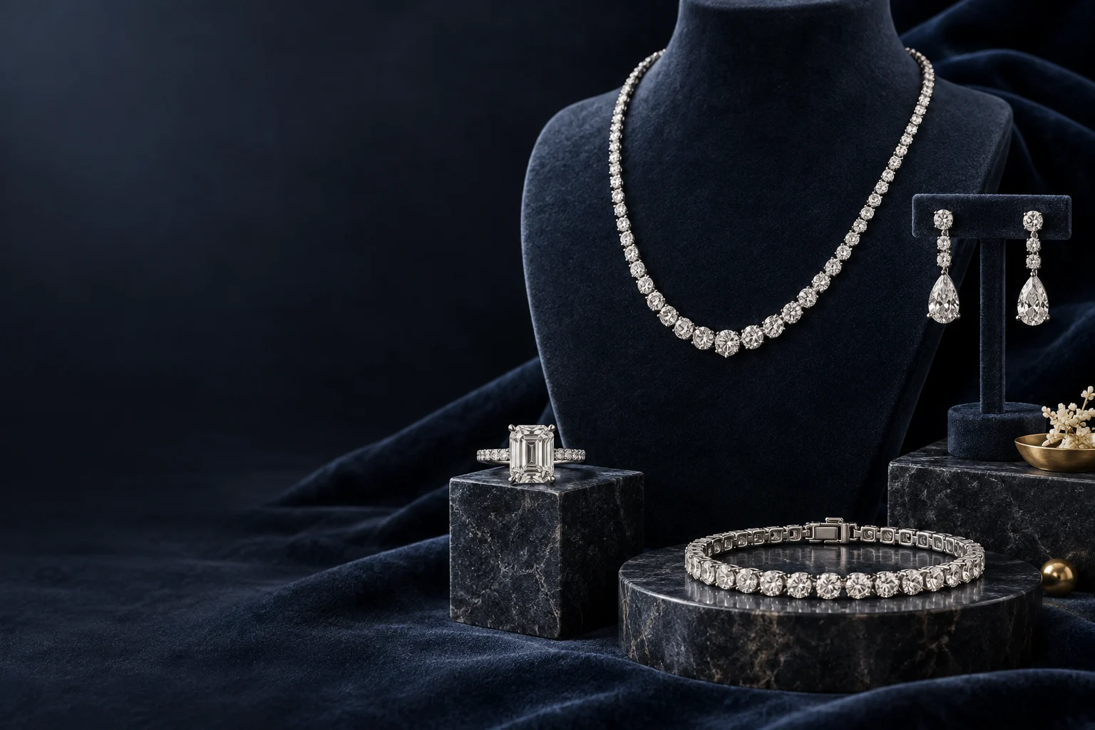 Diamond jewelry collection displayed on dark velvet