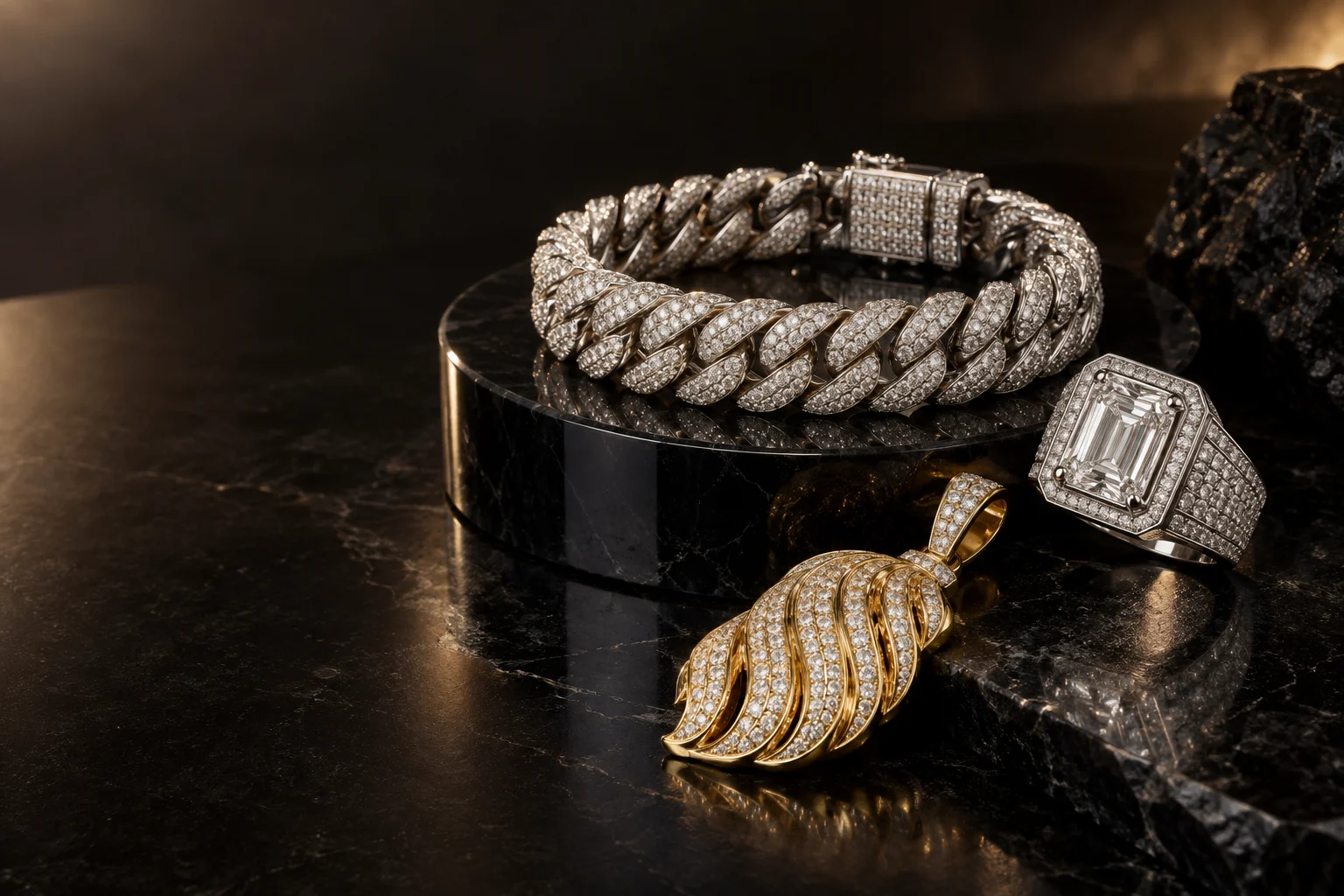 Still life of diamond chains and pendants