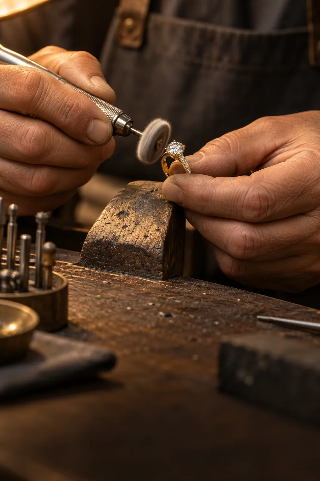 Jeweler carefully polishing a diamond ring at a workbench