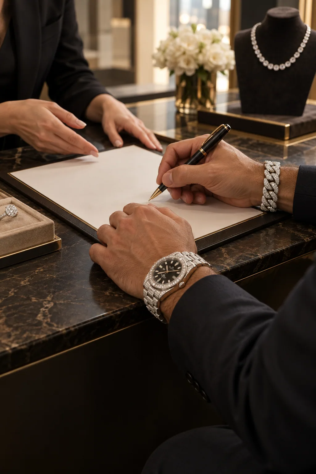Customer discussing a jewelry purchase at a boutique counter