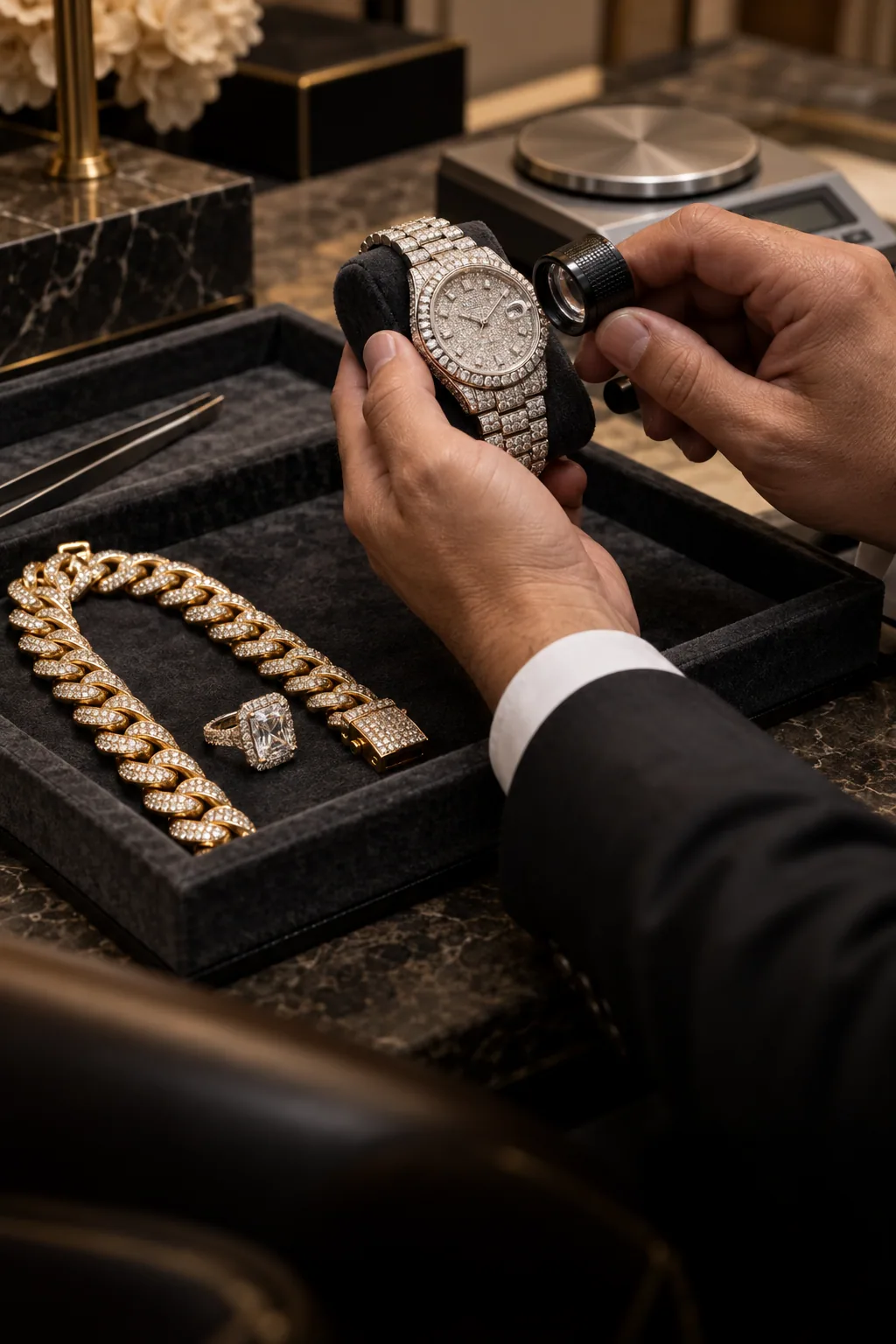 Jewelry specialist examining a diamond watch beside a gold bracelet